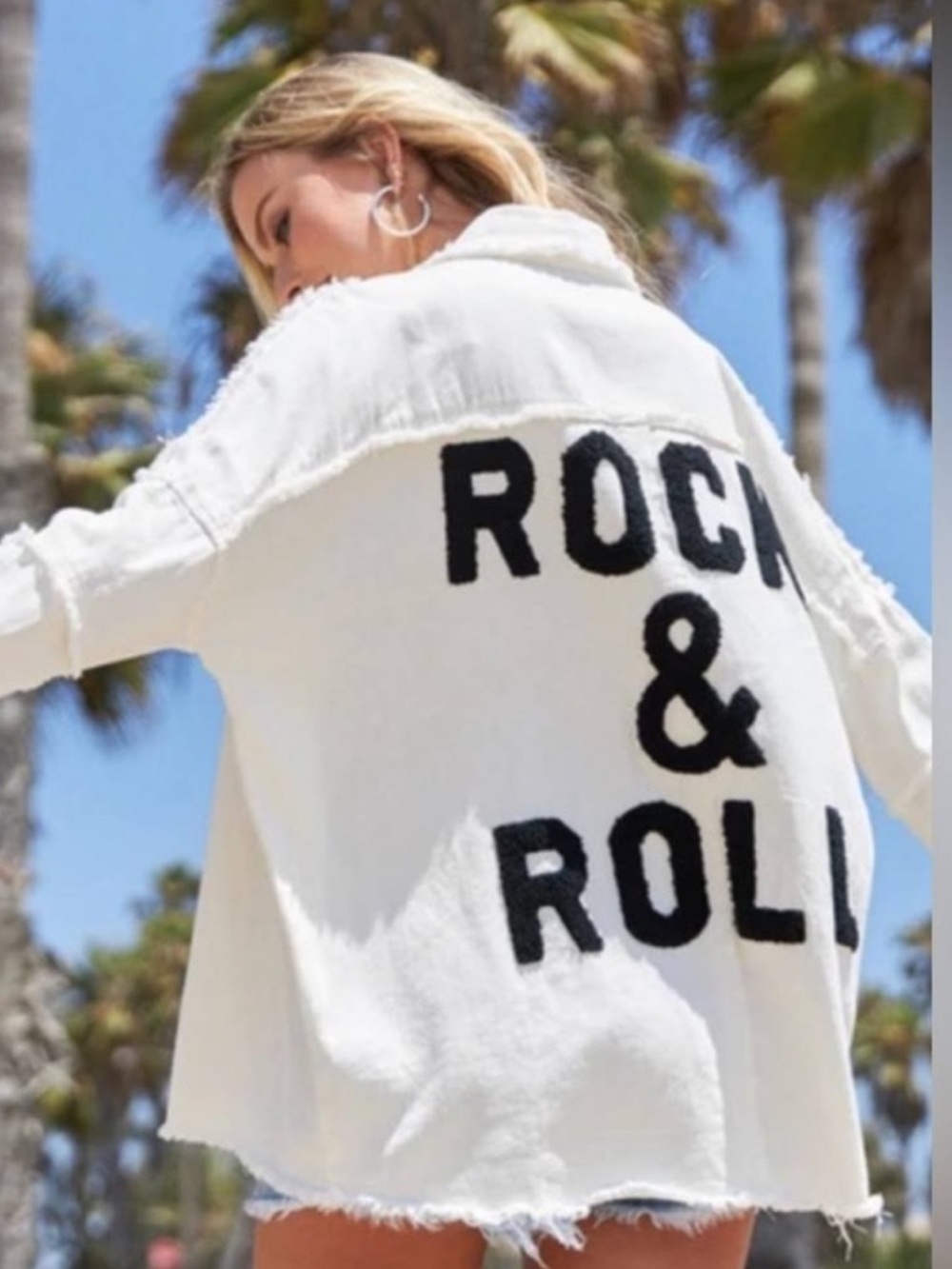 Elan Rock & Roll Shacket Jacket Oversized Frayed Hem White Cream Cotton Medium
